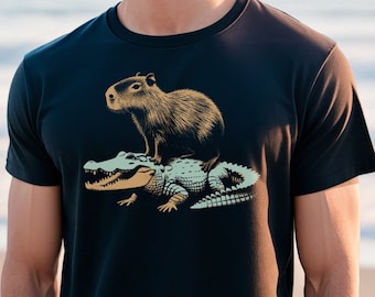 Funny Capybara Don't Care TShirt, Capybara Riding a Crocodile, Unisex Graphic Tee, Animal Lover Casual Shirt, Indie Aesthetic Top, Gift Idea