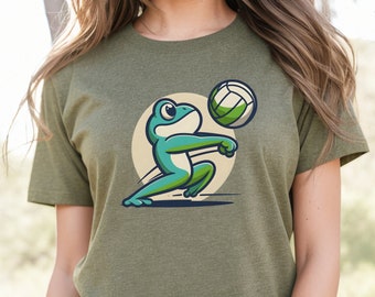 Frog Playing Volleyball T-shirt, Cute Animal Graphic Tee, Unisex Casual Sporty Shirt, Fun Illustration Top, Gift for Volleyball Fans