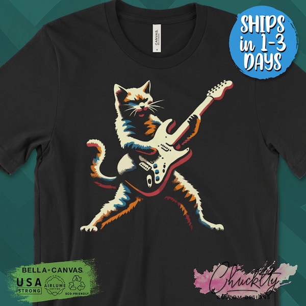 Rock Cat Guitar T-Shirt, Cool Musician Cat Playing Guitar Tee, Unisex Guitarist Cat Shirt, Music Lover Gift Idea, Cat Band Apparel