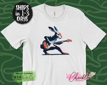 Rock and Roll Rabbit T-Shirt, Guitar Playing Bunny Tee, Vintage Style Animal Shirt, Music Lover Graphic Tee, Cool Rabbit Design T-Shirt