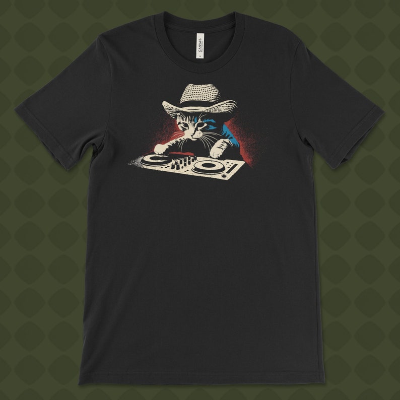 DJ Cat T-Shirt, Funny Cat Graphic Tee, DJ Kitty Shirt, Cool Cat Lover Gift, Music Enthusiast T-Shirt, Retro Cat DJ Design image 2
