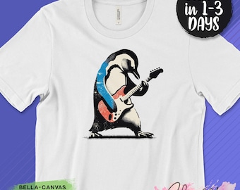 Rocking Penguin T-Shirt, Cool Guitar Penguin Tee, Music Lover Gift, Animal Band Shirt, Unisex Electric Guitar Tee, Guitar gifts for Men