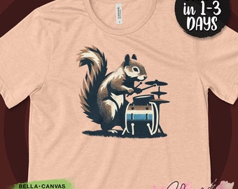Unisex Drumming Squirrel Graphic Tee, Musician Animal Illustration T-Shirt, Hipster Nature Inspired Top, Music Teacher Shirt