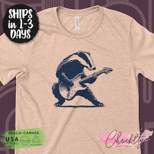 Cool Badger Playing Electric Guitar T-Shirt, Cool Musician Animal Graphic Tee, Unique Band Shirt, Retro Rock Music Lover Gift image 1
