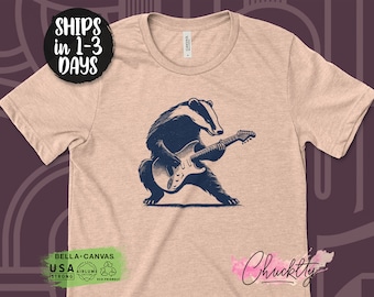 Cool Badger Playing Electric Guitar T-Shirt, Cool Musician Animal Graphic Tee, Unique Band Shirt, Retro Rock Music Lover Gift
