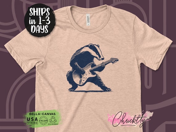 Cool Badger Playing Electric Guitar T-Shirt, Cool Musician Animal Graphic Tee, Unique Band Shirt, Retro Rock Music Lover Gift