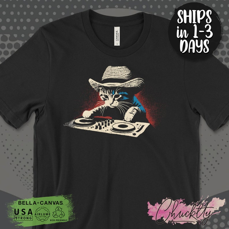 DJ Cat T-Shirt, Funny Cat Graphic Tee, DJ Kitty Shirt, Cool Cat Lover Gift, Music Enthusiast T-Shirt, Retro Cat DJ Design image 1