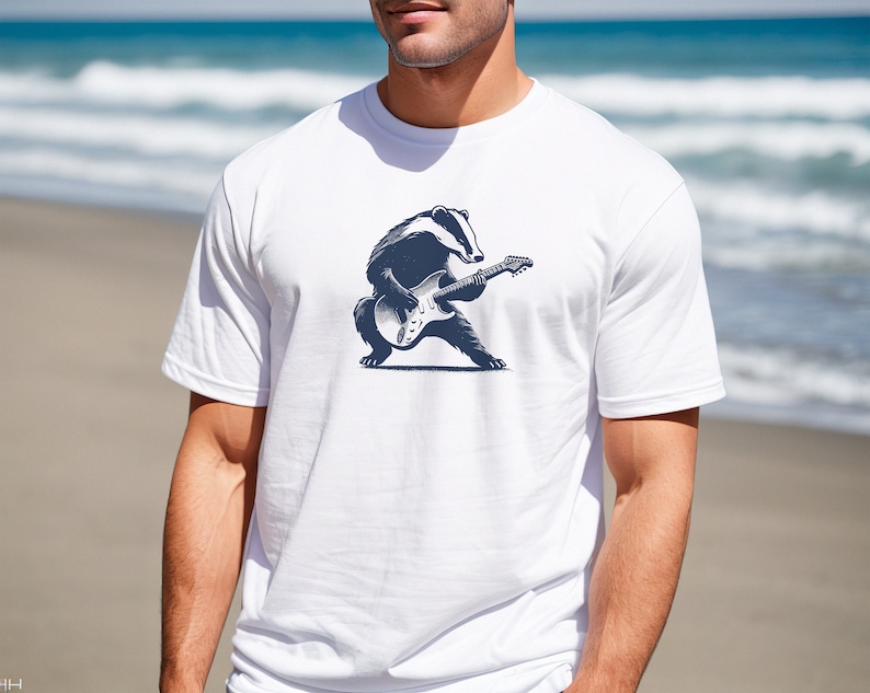 Cool Badger Playing Electric Guitar T-Shirt, Cool Musician Animal Graphic Tee, Unique Band Shirt, Retro Rock Music Lover Gift image 4