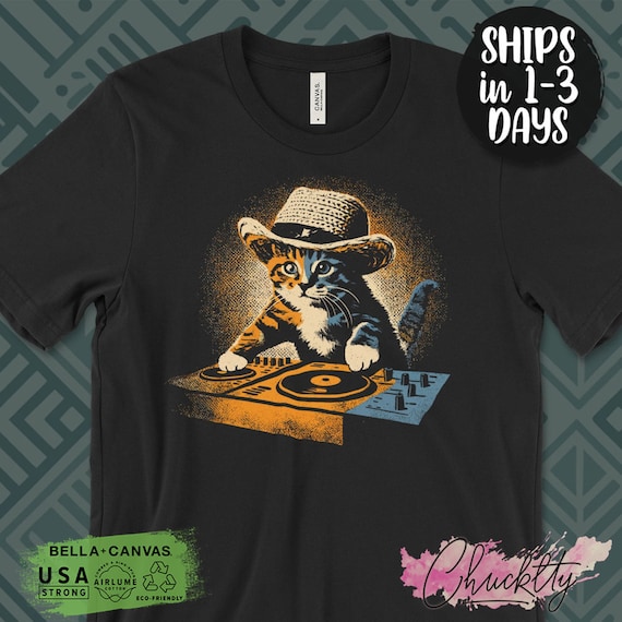 Cute DJ Cat T-Shirt, Funny Kitty Music Lover Tee, Adorable Cat DJing Graphic Shirt, Cat Lover Gift, Cool Cat DJ, Cute Cat Spin Disc Shirt