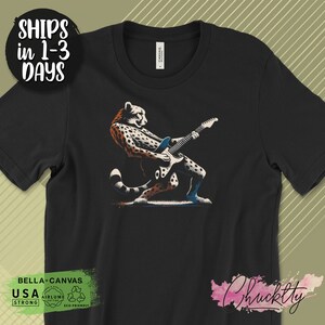 Leopard Guitarist T-Shirt, Rock and Roll Animal T-Shirt, Cool Cheetah Guitar Tee, Music Lover Gift, Rocking Leopard Graphic Tee