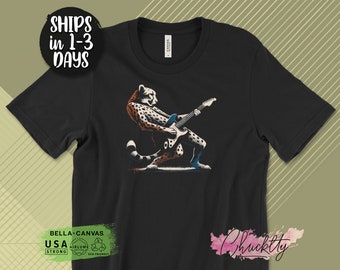 Leopard Guitarist T-Shirt, Rock and Roll Animal T-Shirt, Cool Cheetah Guitar Tee, Music Lover Gift, Rocking Leopard Graphic Tee