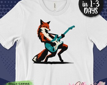 Rocking Fox Playing Electric Guitar, Cool Fox Guitarist Design, Unique Guitar Lover T-Shirt, Animal Musician Art Tee, Trendy Graphic Top