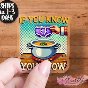 Funny Pixel Art Sticker, Purple Underpants Soup Decal, Humorous Sticker Pack, Retro Style Stickers for Laptops, Water Bottles, Journals