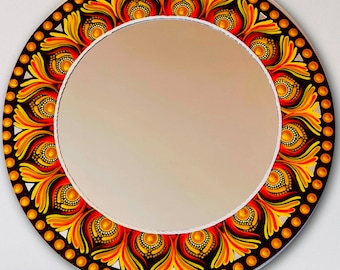 Espejo de madera con mandala pintado a mano, redondo de 45 cm (18 pulgadas), decoración de pared estilo boho, acento espiritual.
