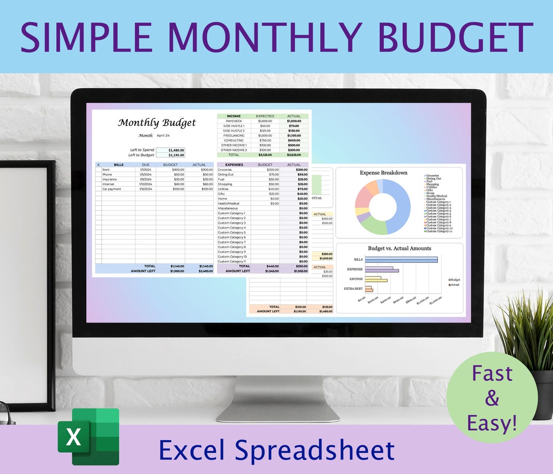 Monthly Budget Excel Spreadsheet Template | Simple Budget Planner