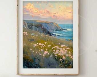 Spring Meadow Art Print | Sunset Landscape Wall Art | Seaside Decor | Vintage Coastal Artwork | Ocean View Wall Art | Summer Home Decor