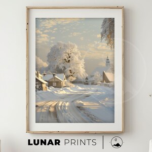 Pintura de invierno Impresión navideña / Arte de pared imprimible / Decoración navideña / Paisaje invernal nevado / Pintura de acuarela de árboles de hoja perenne