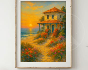 Seaside Cottage Sunset Print | Mediterranean Coastal Art (Digital Download)