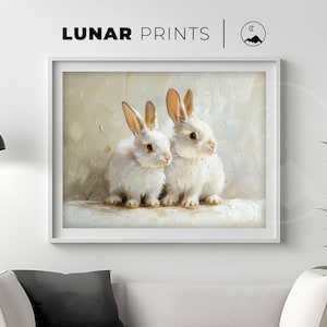 Cute Bunnies Art Print | Vintage Bunny Painting | Spring Decor | Nursery Art Easter Rabbit Painting | Animal Wall Art | Digital Download