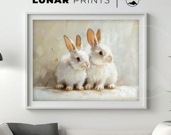 Wydruk artystyczny „Vintage Bunny Companions” | Fantazyjna dekoracja wielkanocna (pobranie cyfrowe)