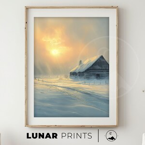 Amanecer de invierno sobre un pueblo nevado, arte de pared imprimible, pintura al óleo de una mañana helada, paisaje nevado de invierno, pintura de acuarela