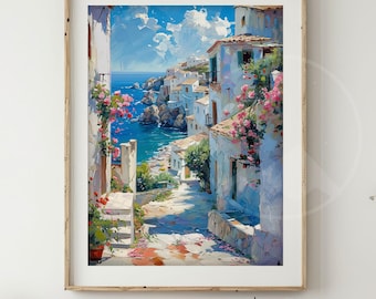 Mediterranean Town Wall Art | Coastal Decor Vintage Village Print | Mediterranean Street View | Summer Travel | European Landscape