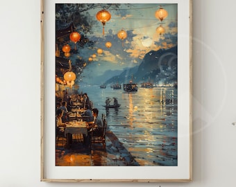 Night Market Lantern Art Print | Evening Decor Vintage Night Print | Farmhouse Decor | Lantern Scene Wall Art Moonlit River