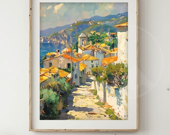 Mediterranean Town Wall Art | Coastal Decor Vintage Village Print | Mediterranean Street View | Summer Travel | European Landscape