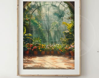 Impresión de jardín con atrio soleado / Arte mural de invernadero tropical (descarga digital)