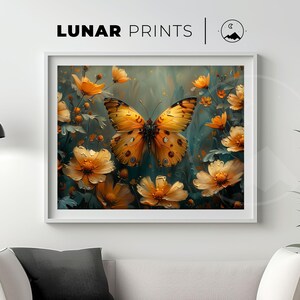 Butterfly Garden Art Print | Nature Decor Vintage Floral Print | Orange Flower Painting | Spring Butterfly Decor | Summer Wall Art