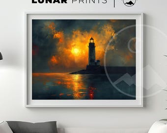 Impresión de un faro al atardecer, arte marítimo costero (descarga digital)