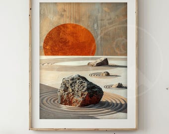 May include: Framed art print featuring a zen garden scene with a large orange sun in the background. The print includes a sand garden with rocks and circular patterns. The text "LUNAR PRINTS" is at the bottom of the frame.