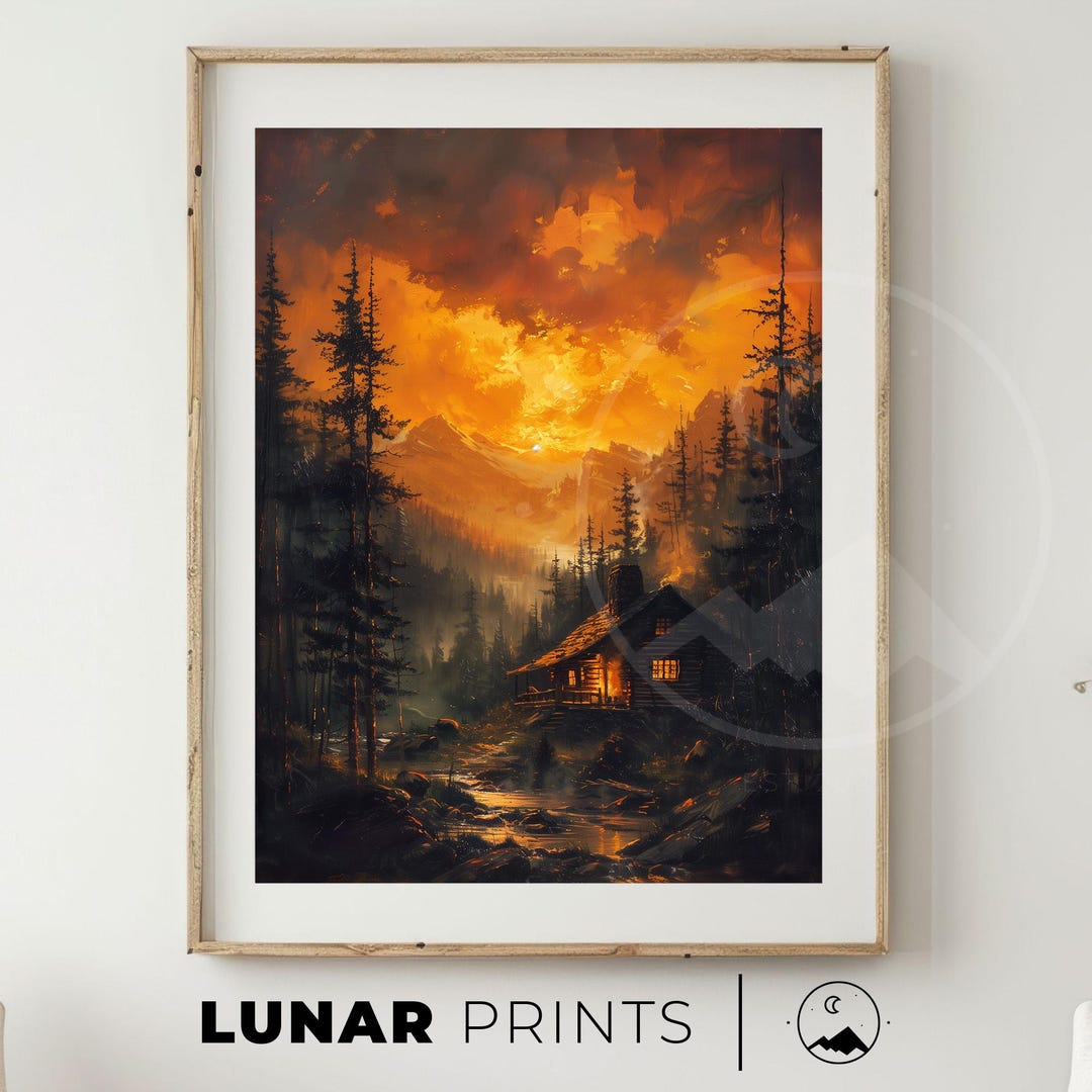 Rustic Cabin Sunset Print | Mountain Forest Landscape Art (digital ...
