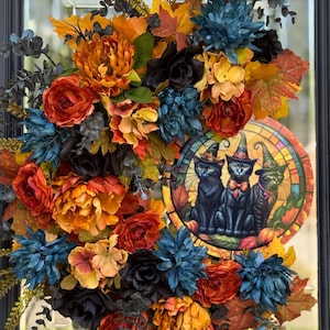 Halloween Black Cat Wreath: Moody Floral Door Decor