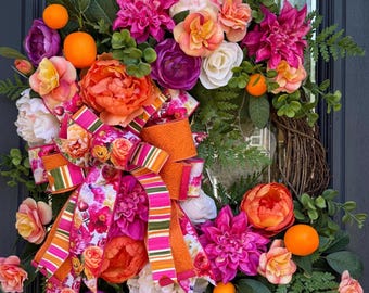 Large Summer Wreath, Fuchsia Dahlia, Peony, Faux Oranges, Door Decor