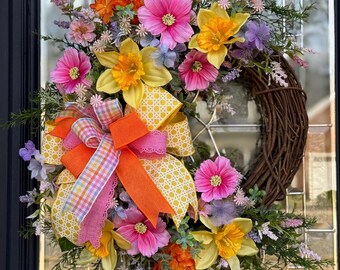 Spring, Easter Daffodil Door Wreath, Cosmos, Hydrangeas, Wildflowers, Bow, Door Decor