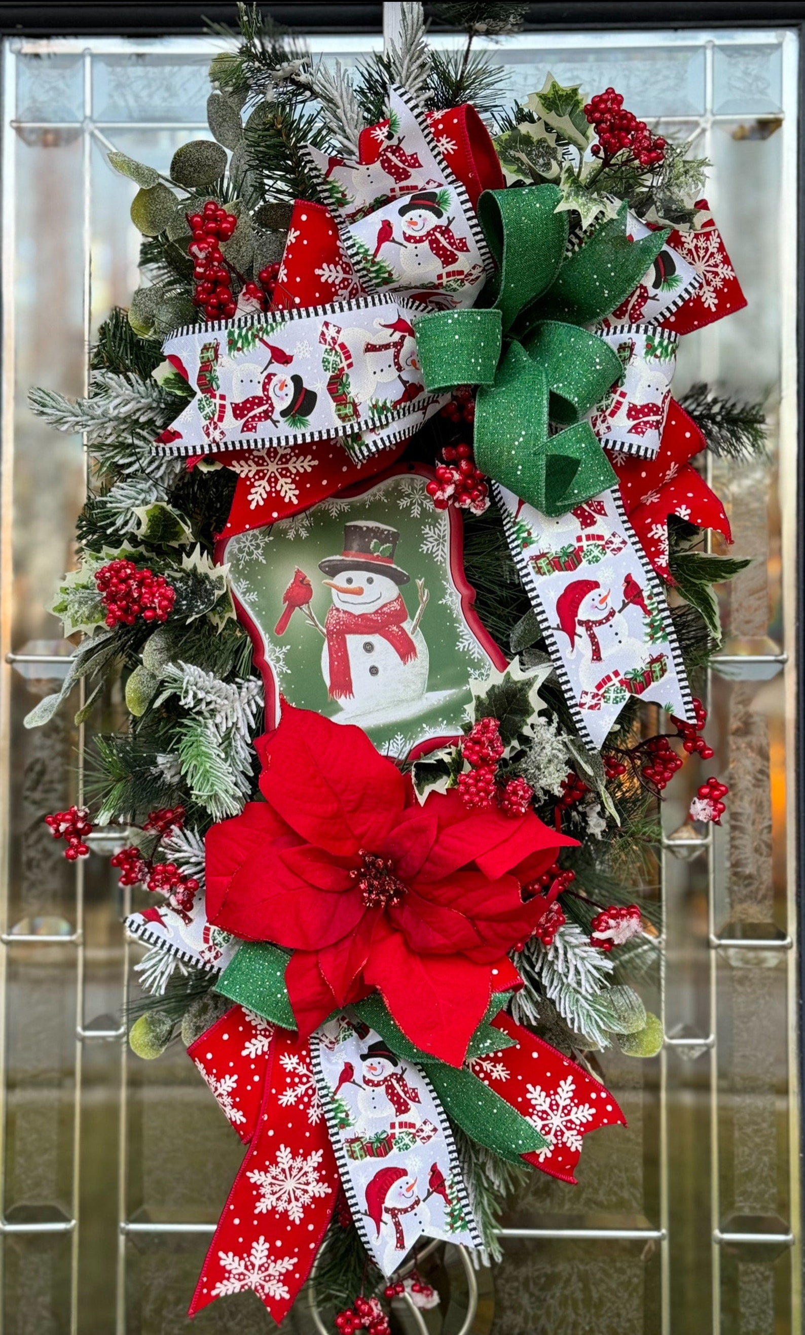 Christmas Wreath Swag for Front Door, Snowman, Red Poinsettia, Holiday ...
