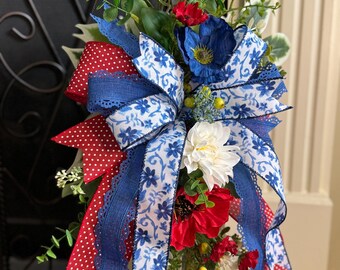 Summer, Patriotic Lantern Swag, Red, Blue Poppies, White Dahlia, Chinoiserie Ribbon Bow