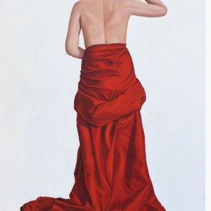 Portrait de femme en robe rouge, toile, peinture à l'huile, portrait de femme rouge, robe rouge, corps de femme avec une nuque