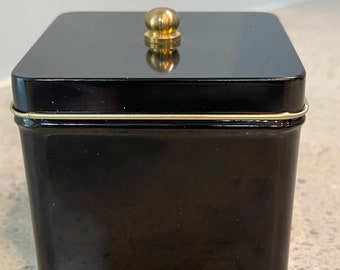 Small Square Black Metal Tea Tin with Gold Accents and Hinged Lid (Hand-lettered Label Option Available)