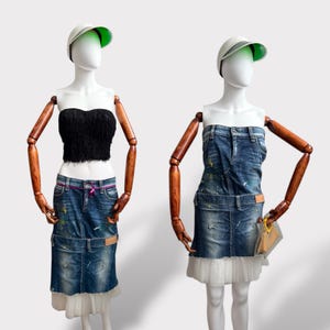 Atemberaubender Vintage Jeansrock oder Kleid nach Maß mit Tüllbesatz M-L Avantgarde 90er 00er Y2K Subversive Grunge Art