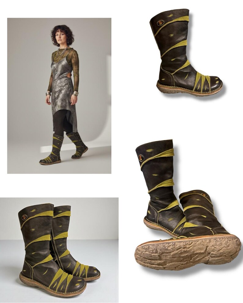 May include: Brown leather boots with olive green accents. The boots have a round toe and a mid-calf height. The design includes decorative stitching and a textured sole. The boots are shown in multiple views.