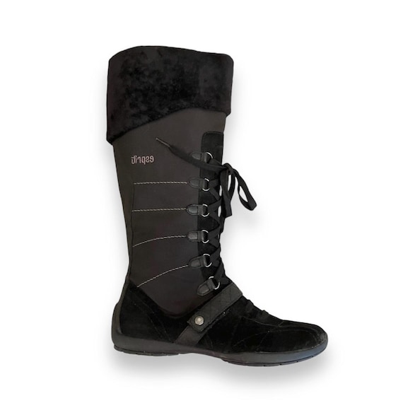 Y2K Esprit Vintage Knee High Boots EU38 | Faux Fur Lined | Boxing Lace-Up Boots | Winter Statement Footwear