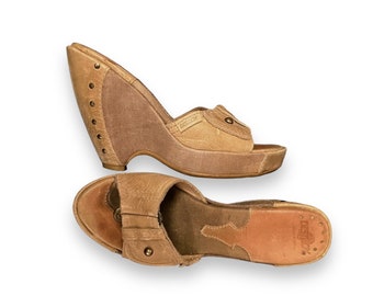 Iconic DESTROY 90s vintage light brown platform sandals leather mules studded heel mega platform chunky clogs Y2K opium ultra rare