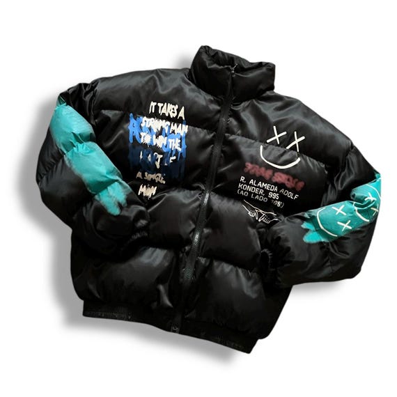 Avant-garde Y2K Graphic Puffer Jacket – Vintage Streetwear Art
