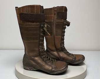 Camel Active Vintage Lace Up Knee High Leather Boots EU 37 | 90s Boxing Style Biker Boots Brown Plaid Panel Combat Shoes