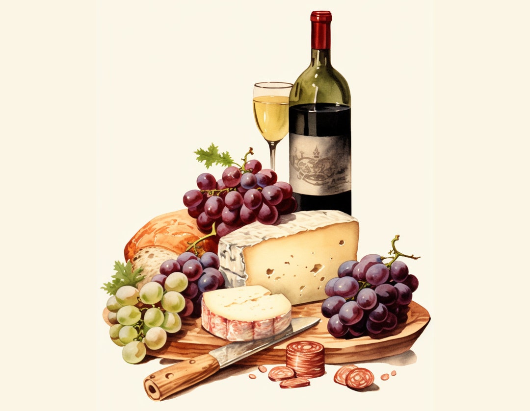 Vintage Wine and Cheese Vector, Clipart - High Res JPG - Digital ...