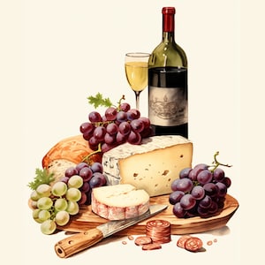 Vintage Wine and Cheese Vector, Clipart - High Res JPG - Digital Download - Card Making, Clip Art, Digital Paper Craft, Journals