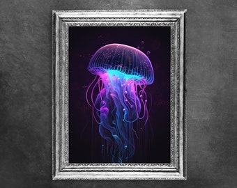 Neon Jellyfish Digital Art - Printable Art - Digital Print - Retrowave - Animal Art - Animals - Synthwave - Ocean Art - Colorful