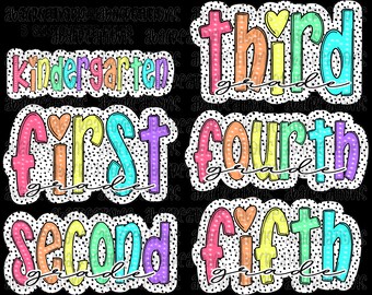 May include: A collection of colourful school grade level stickers. The image shows the words "Kindergarten", "First Grade", "Second Grade", "Third Grade", "Fourth Grade", and "Fifth Grade" in bubble letters with a polka dot border.